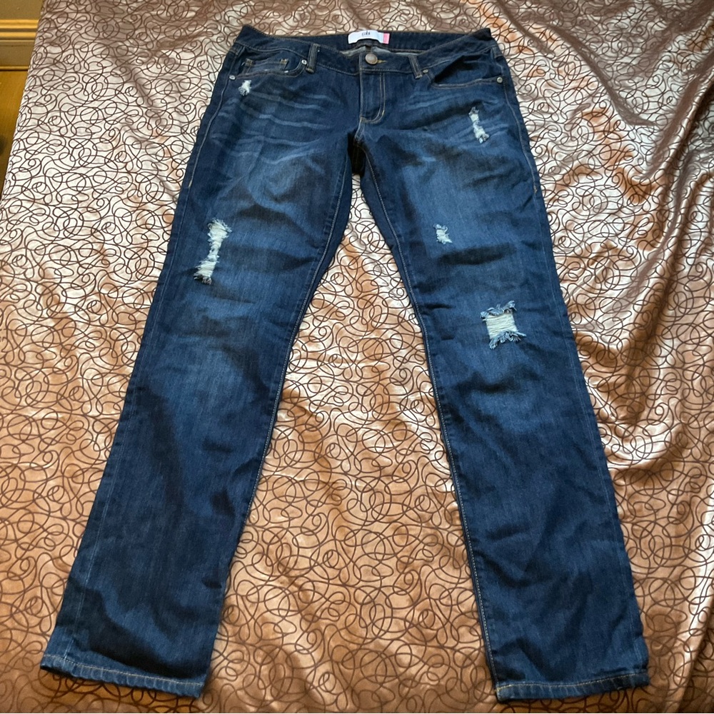 CAbi Dark Blue Slim Boyfriend Distressed Straight Leg Jeans